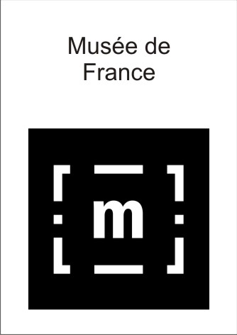 Logo "Musée de France". Carré noir avec un m minuscule au milieu entouré de pointillés blancs