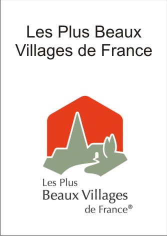 Logo. Les plus beaux villages de France écrit en bas. En haut le croquis gris un village sur un fond rouge