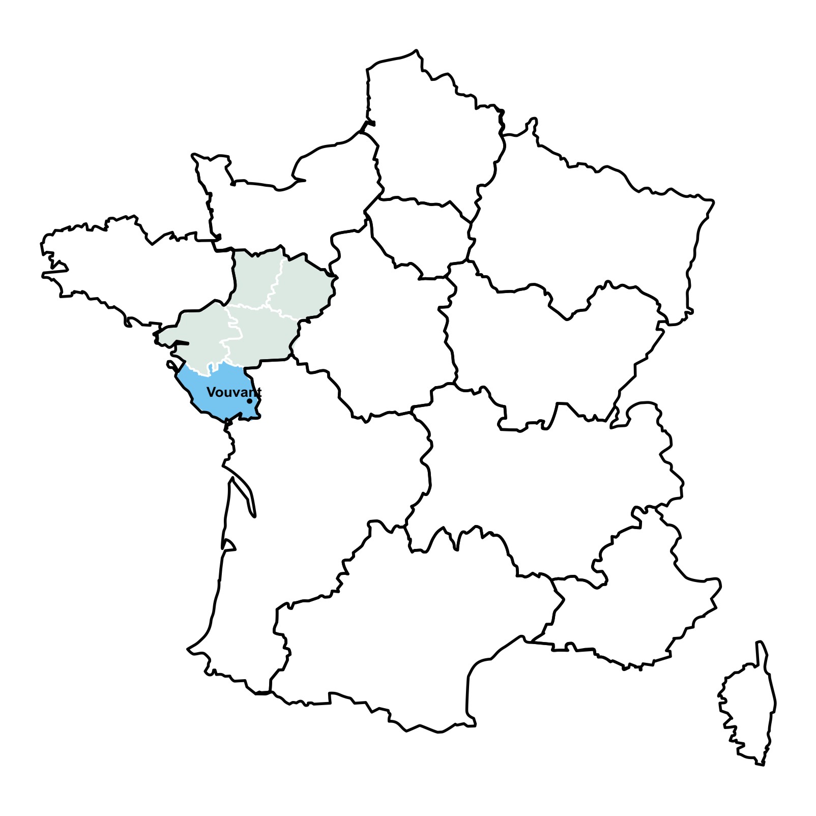Carte de la France découpée en régions (fond blanc et contour noir) et la région Pays de la Loire découpée en Départements (fond gris clair, contour blanc) et le département de la Vendée avec inscription ville de Vouvant (fond bleu)