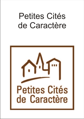 Logo. Petites Cités de Caractère écrit en bas d'un carré blanc au bord marron. En haut croquis village.