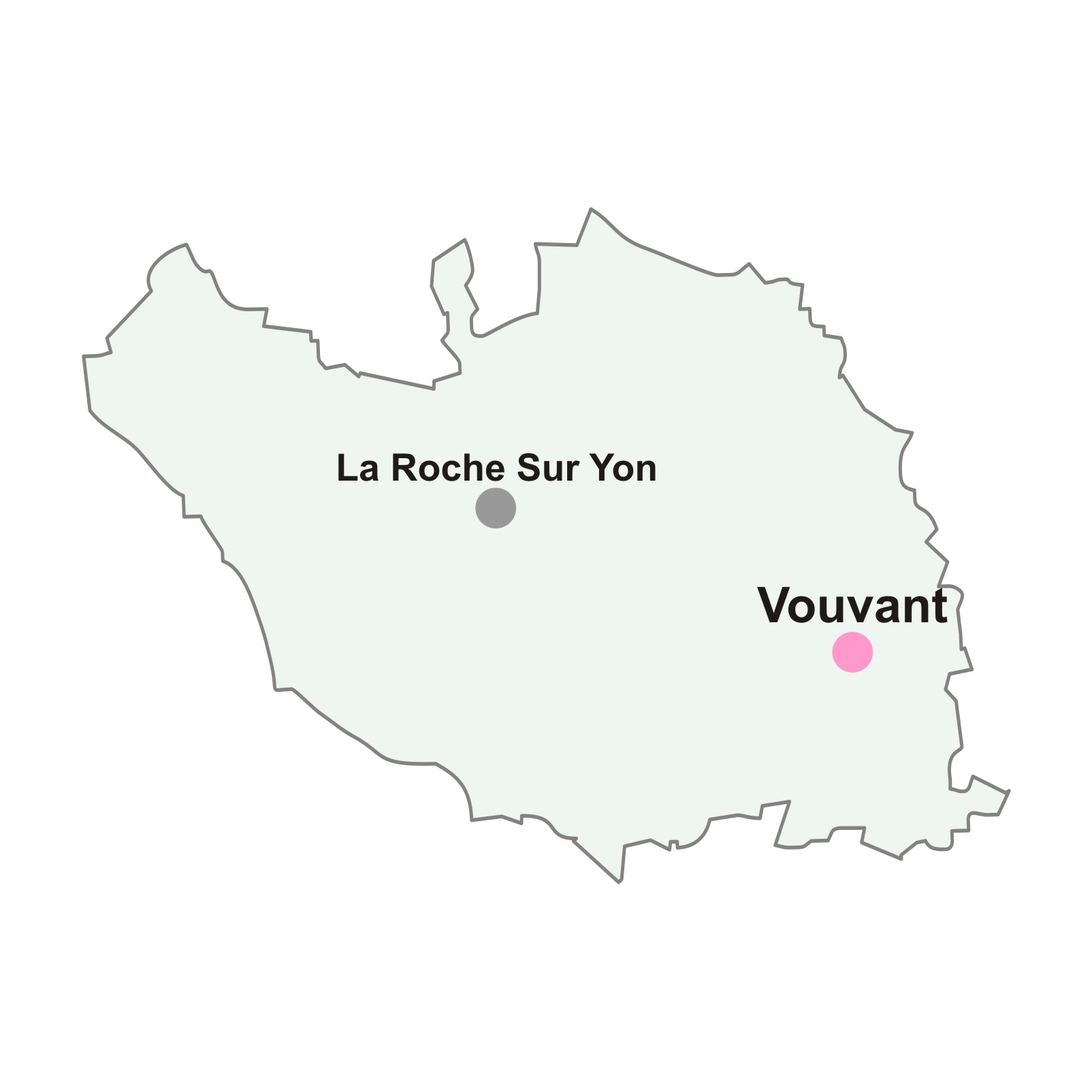 Carte gris clair contour gris foncé du département de la Vendée avec un rond rose pour la position de la ville de Vouvant et un point gris pour la ville de La Roche sur Yon